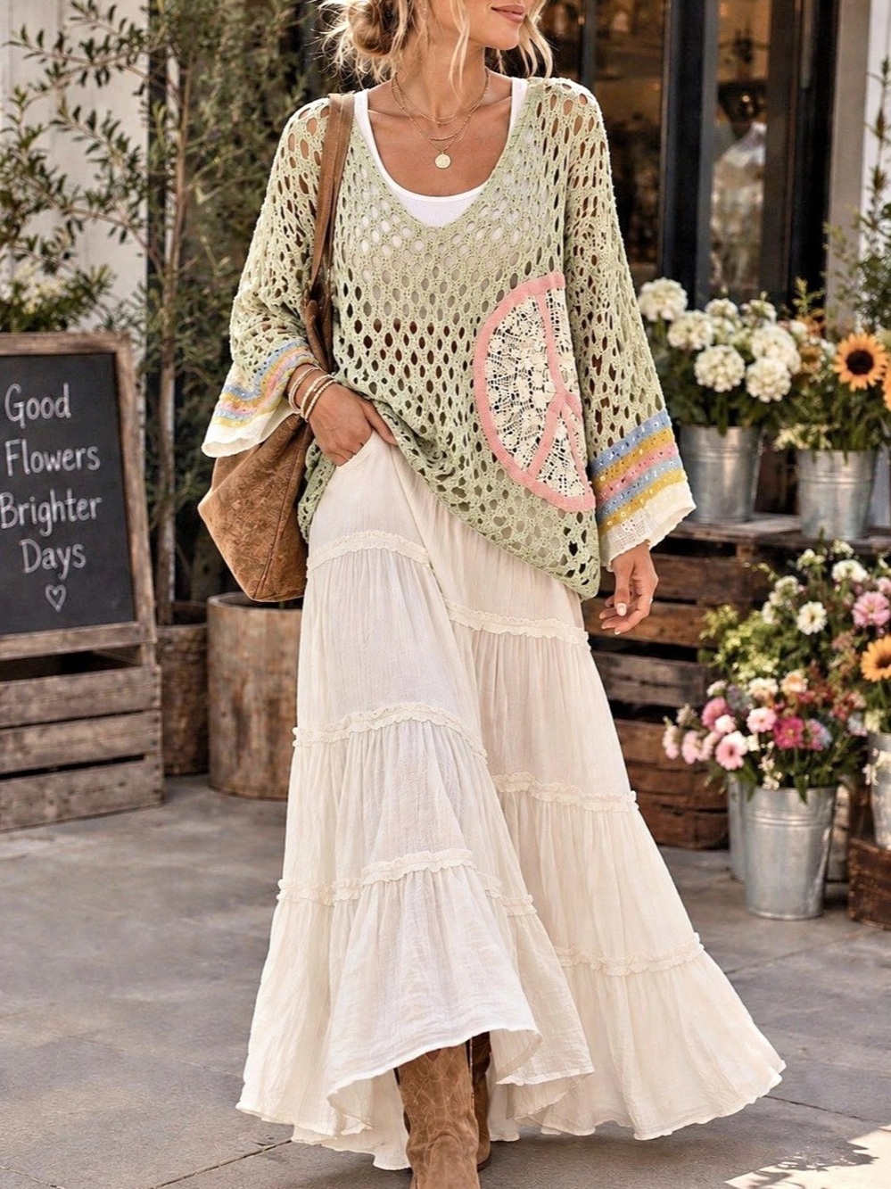 POL Open Crochet Oversized Peace Sign Sweater Green & Pink Medium